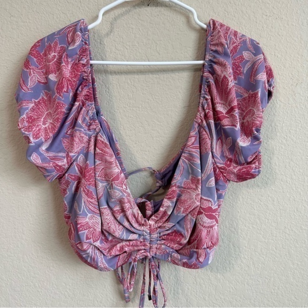 Time & Tru Bikini Top Purple Pink Floral Plus Size Puff Sleeves Drawstrings